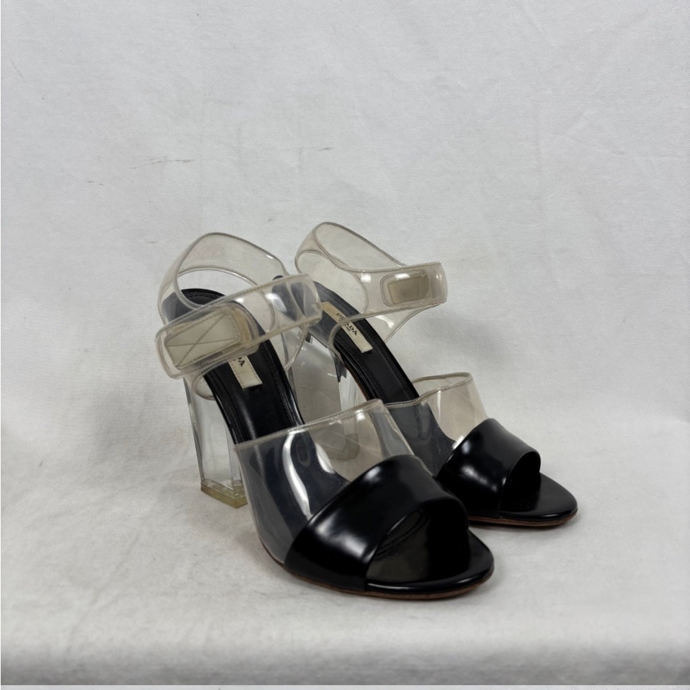 PRADA Lucite PVC Clear Black Block Heel Velcro Ankle Strap SS 2010 Runway 37.5 - Picture 8 of 14